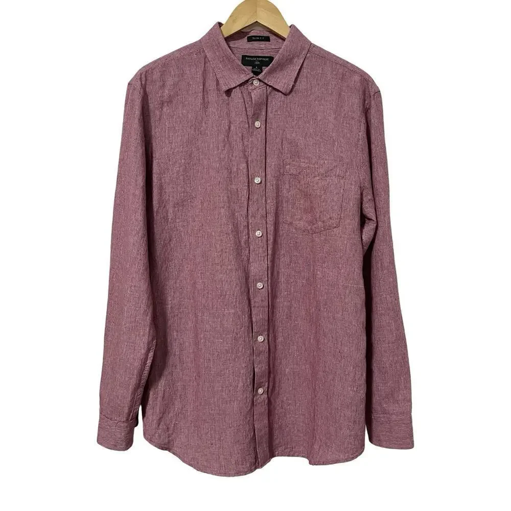 Banana Republic Mens 100% Linen Long Sleeve Button Up Size L Red Slim Fit Preppy